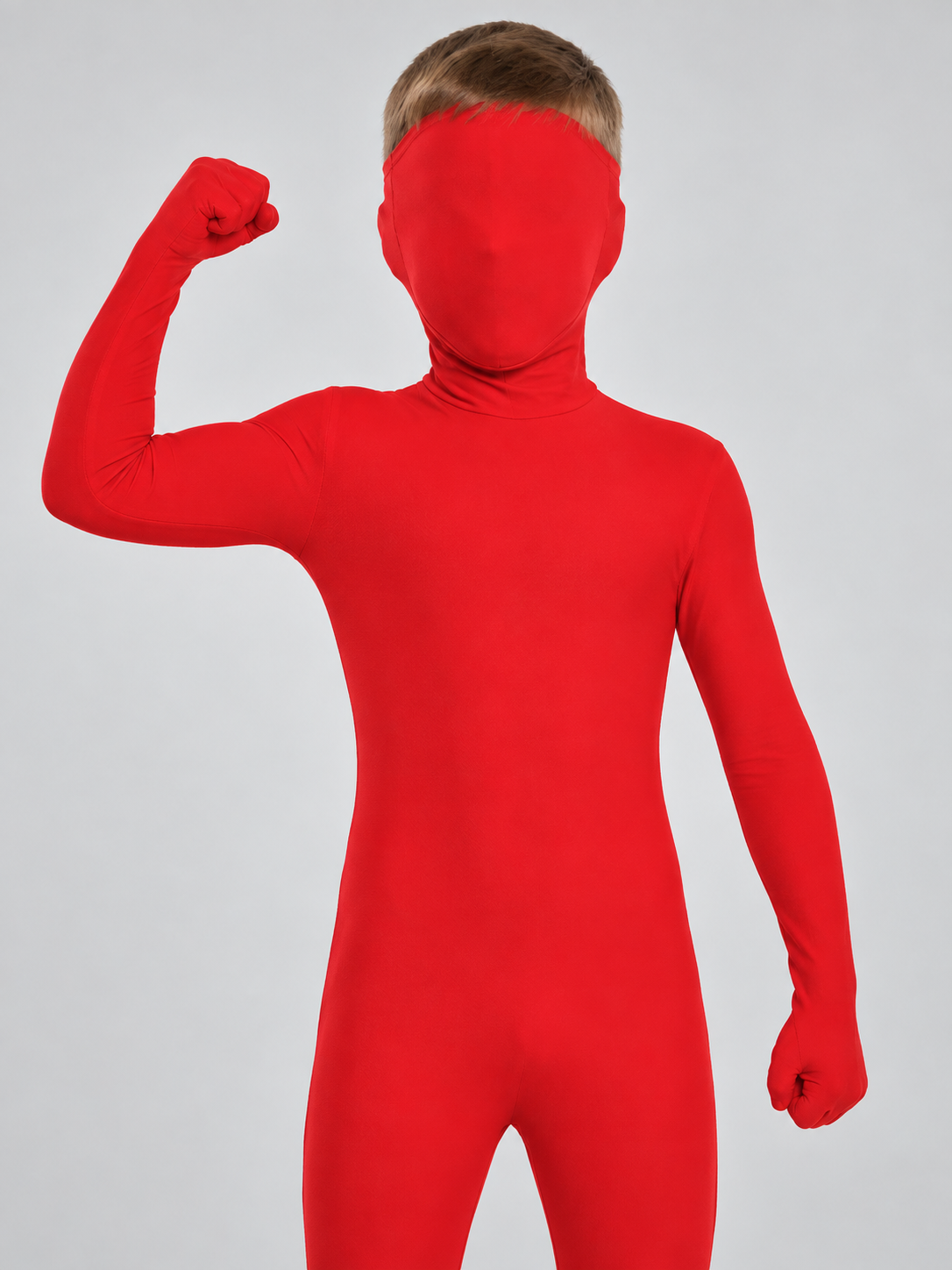 Red form-fitting jumpsuit with a mask hood