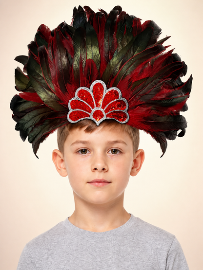 Carnival Headpiece with Red and Black Feathers Costume Headwear detail 2