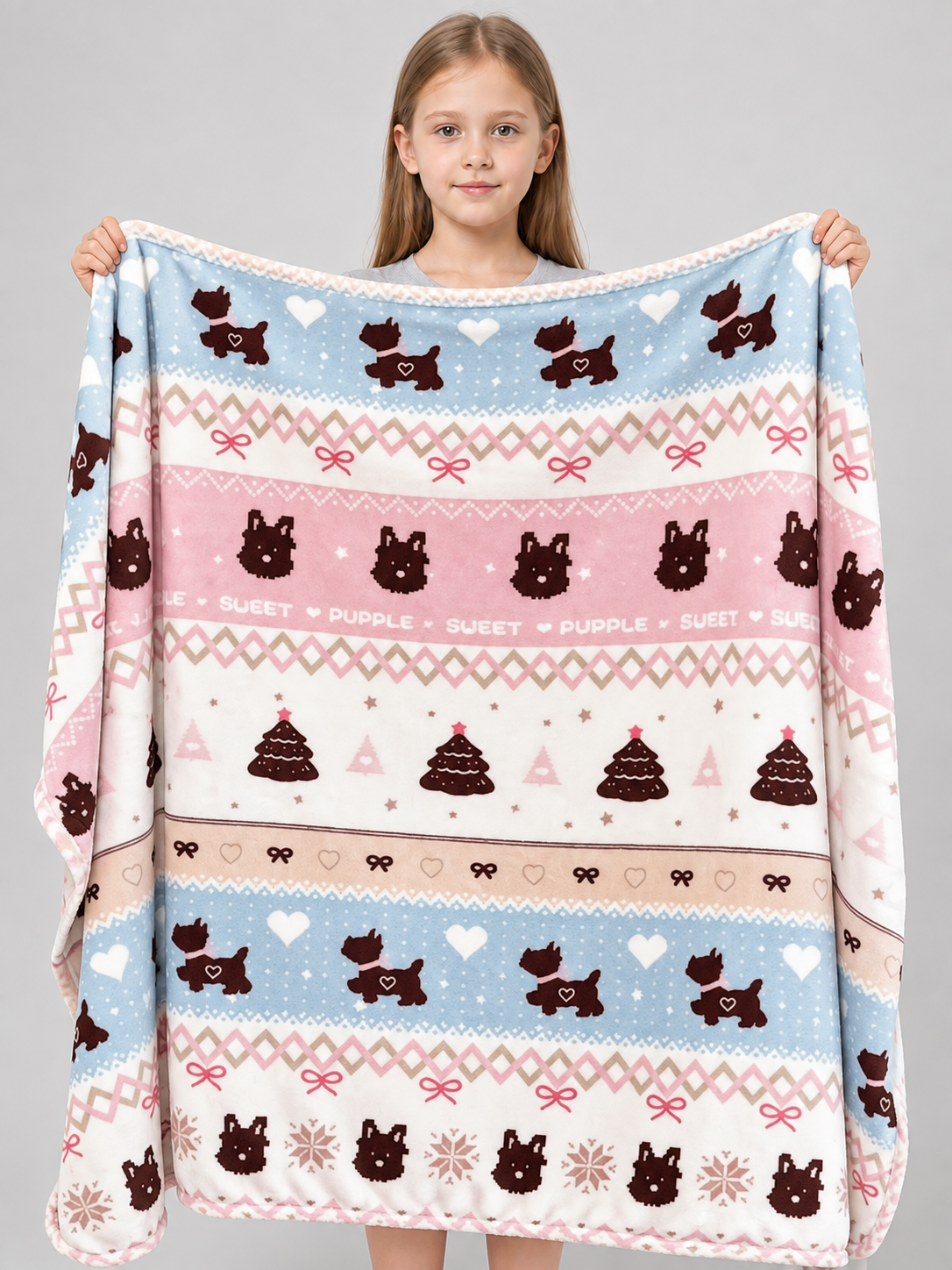 White double-sided milky velour blanket with a dog print
