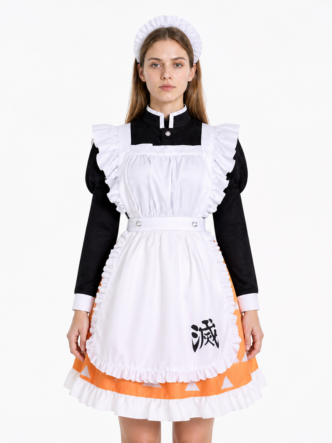Black cosplay dress with a white apron and orange skirt Costume Dresses detail 3