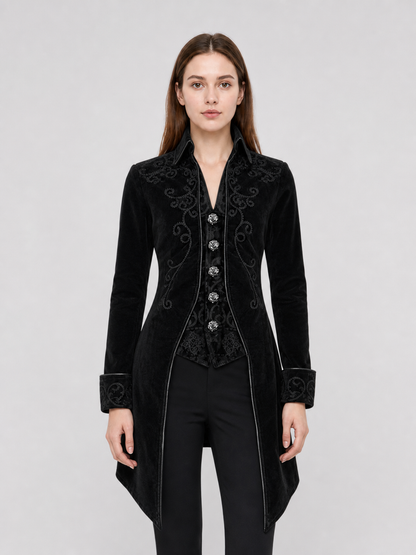 Black embroidered coat with a stand-up collar and pointed tails
