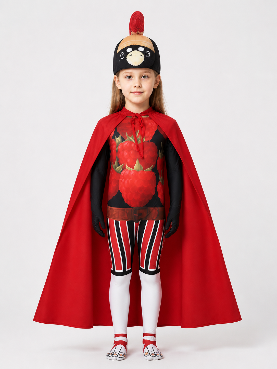 Jumpsuit Costume with Red Cape and Mask for Halloween upper body view