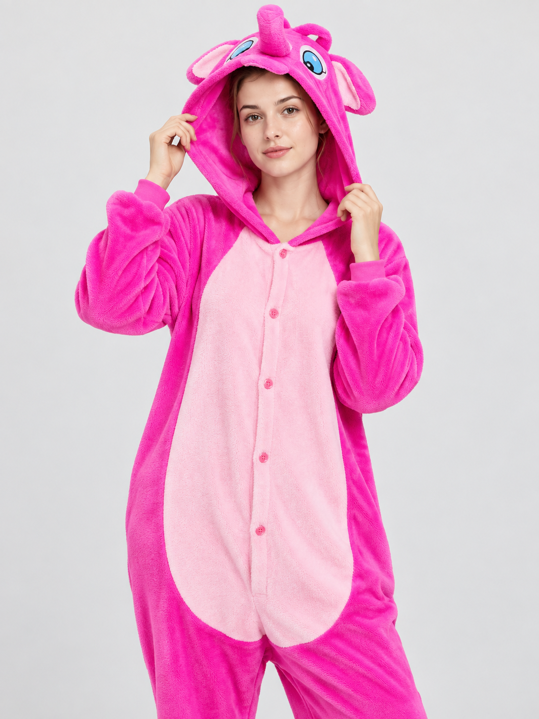 Plush elephant hooded kigurumi pajama, hot pink
