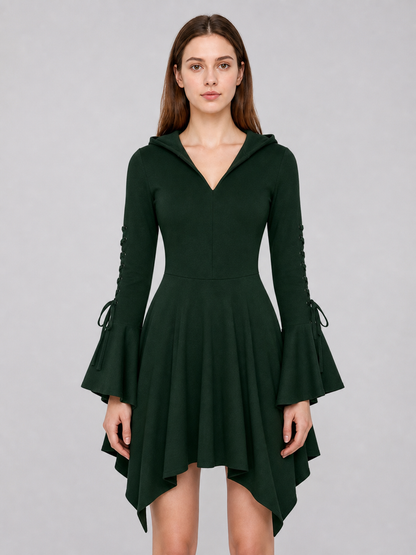 Gothic Hooded Dress with an Asymmetrical Hem