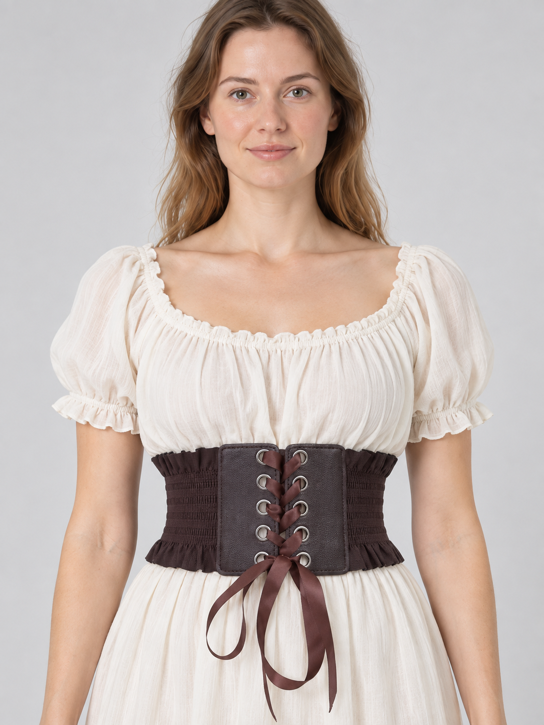 Brown textile corset belt with eyelets and lacing