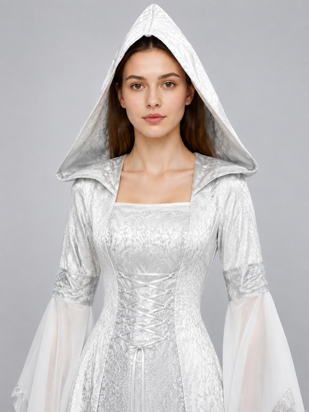 White Medieval Hooded Dress for Cosplay Costume Dresses detail 2