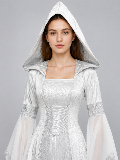 White Medieval Hooded Dress for Cosplay Costume Dresses detail 2
