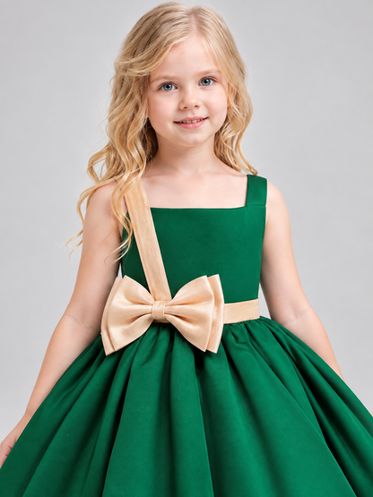 Dark Green Girls' Holiday Dress with Bow at the Waist