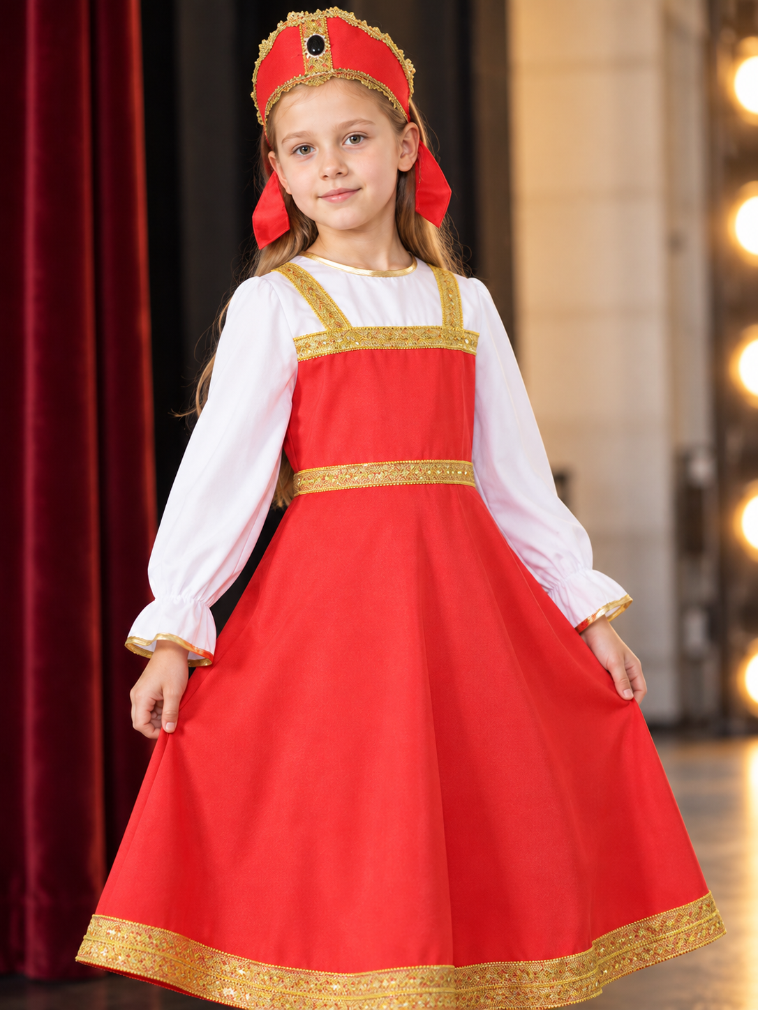 gold children_red_ethnic_stage_dress_with_head_accessory product image 6