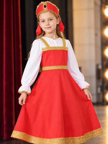 gold children_red_ethnic_stage_dress_with_head_accessory product image 6