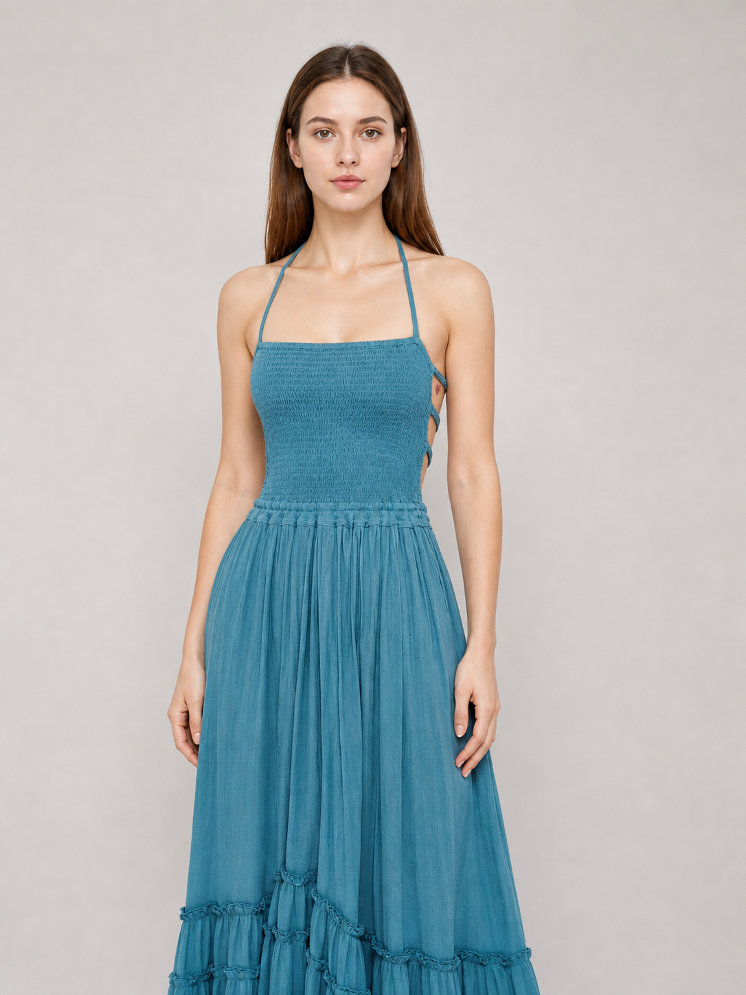 Boho Maxi Dress with an Open Back and Tiered Ruffles