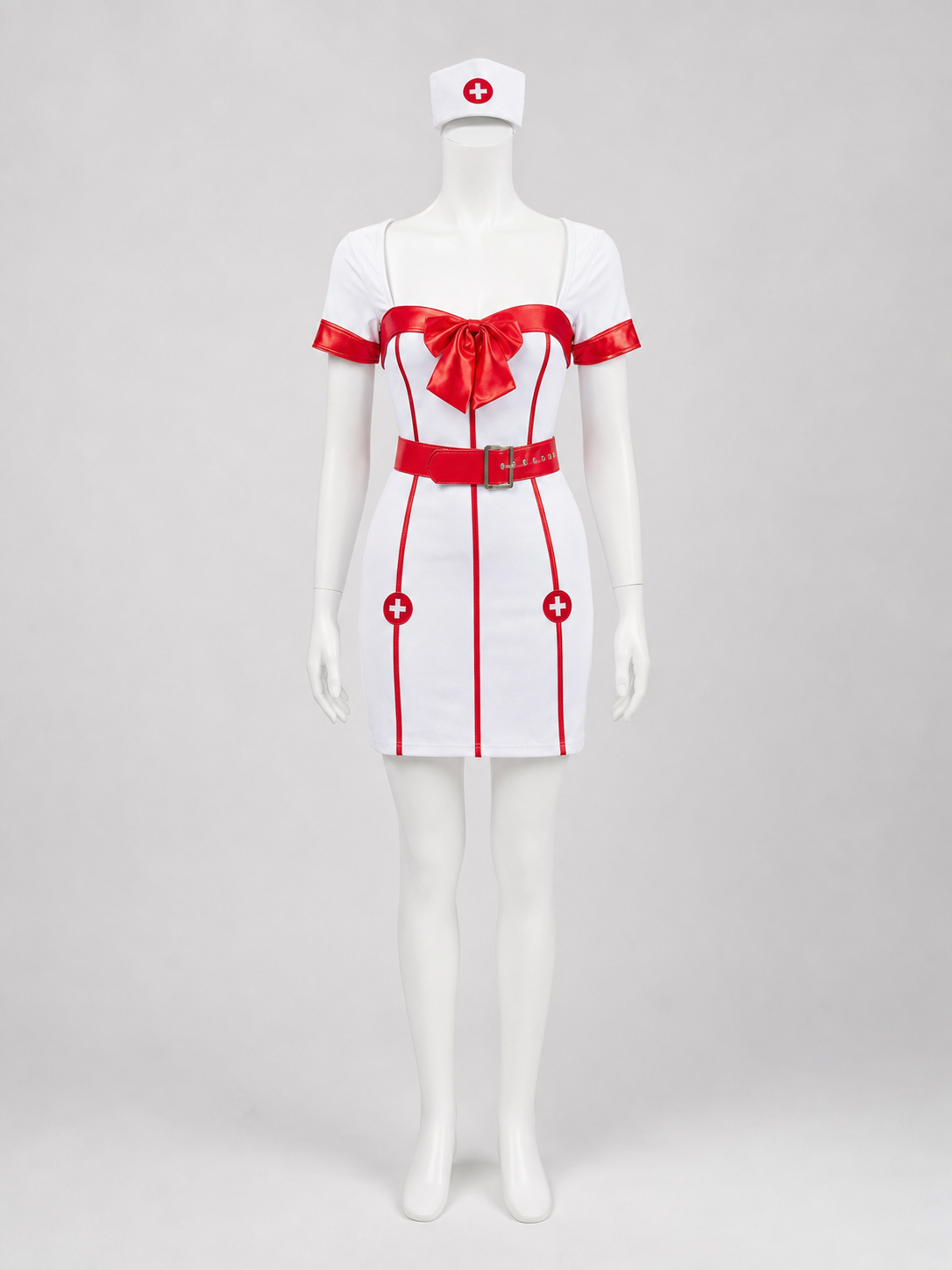 White-and-Red Nurse Costume with Bow and Belt