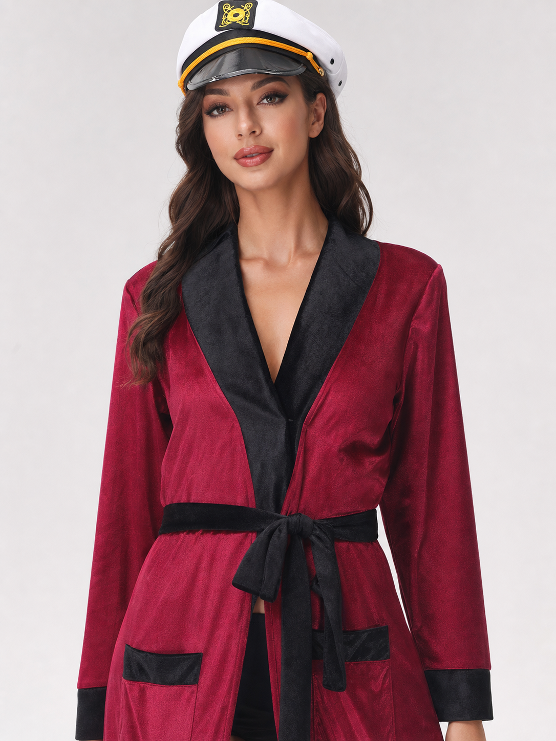 The captain costume is designed in the style of a professional maritime uniform and is suitable for creating a look for carnival events, themed parties, stage performances, and Halloween. The design is based on a burgundy uniform with contr