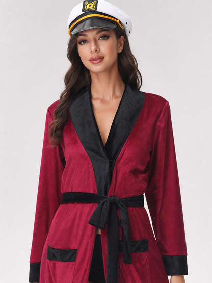 The captain costume is designed in the style of a professional maritime uniform and is suitable for creating a look for carnival events, themed parties, stage performances, and Halloween. The design is based on a burgundy uniform with contr