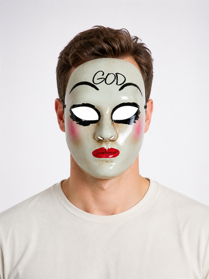 White glossy face mask shown front-facing on a model, with black painted brows and eye details, pink cheeks, red lips, and forehead lettering