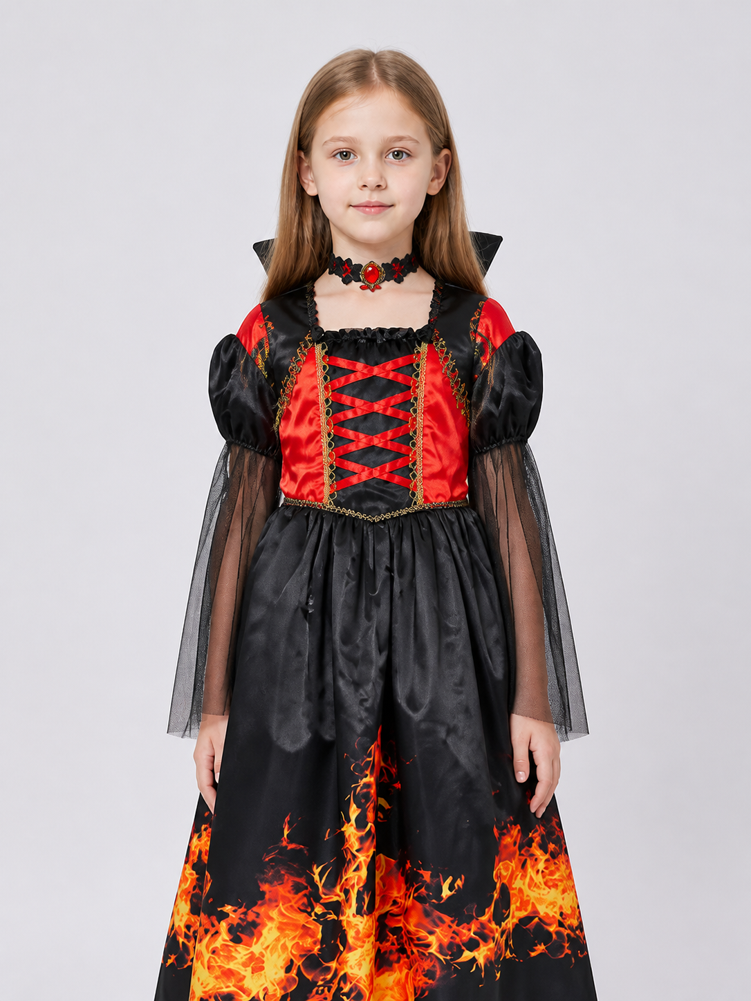 Halloween Dress with Flame Print and Puff Sleeves upper body view