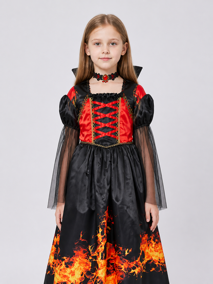 Halloween Dress with Flame Print and Puff Sleeves upper body view