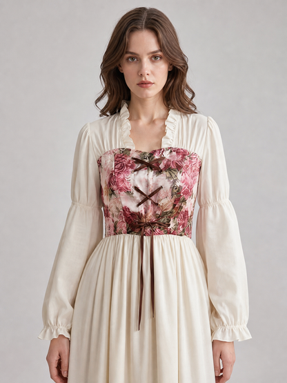 Retro-Style Dress with Floral Print and Lace-Up Front Costume Dresses detail 3