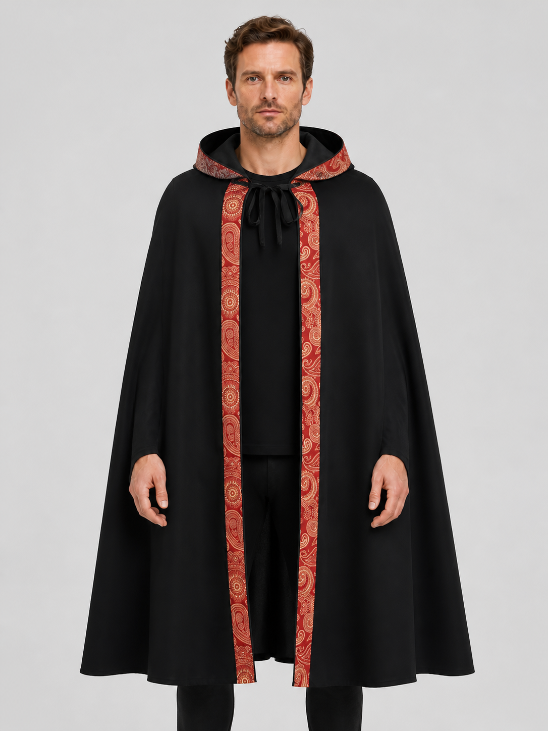 Black Gothic Hooded Cloak with Ornamental Trim Costume Capes detail 3