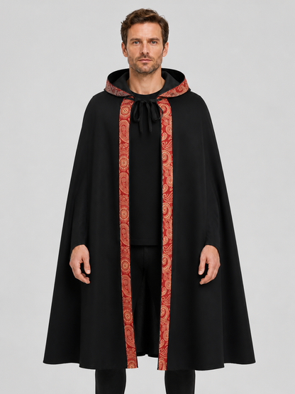 Black Gothic Hooded Cloak with Ornamental Trim Costume Capes detail 3