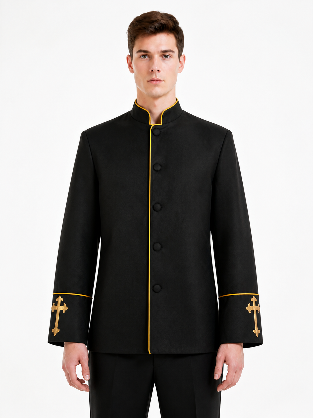 Stand-Collar Jacket with Gold Trim and Crosses product detail 2