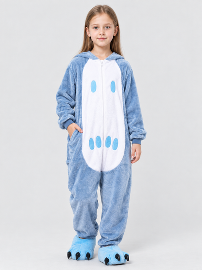 Blue and White Flannel Pajama Jumpsuit with Pockets