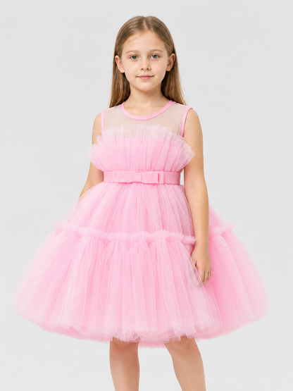 Puffy Pink Dress with a Layered Skirt and Bow Costume Dresses detail 3