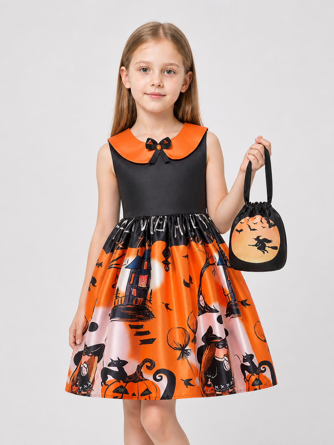Halloween Cosplay Dress with Full Skirt and Drawstring Bag