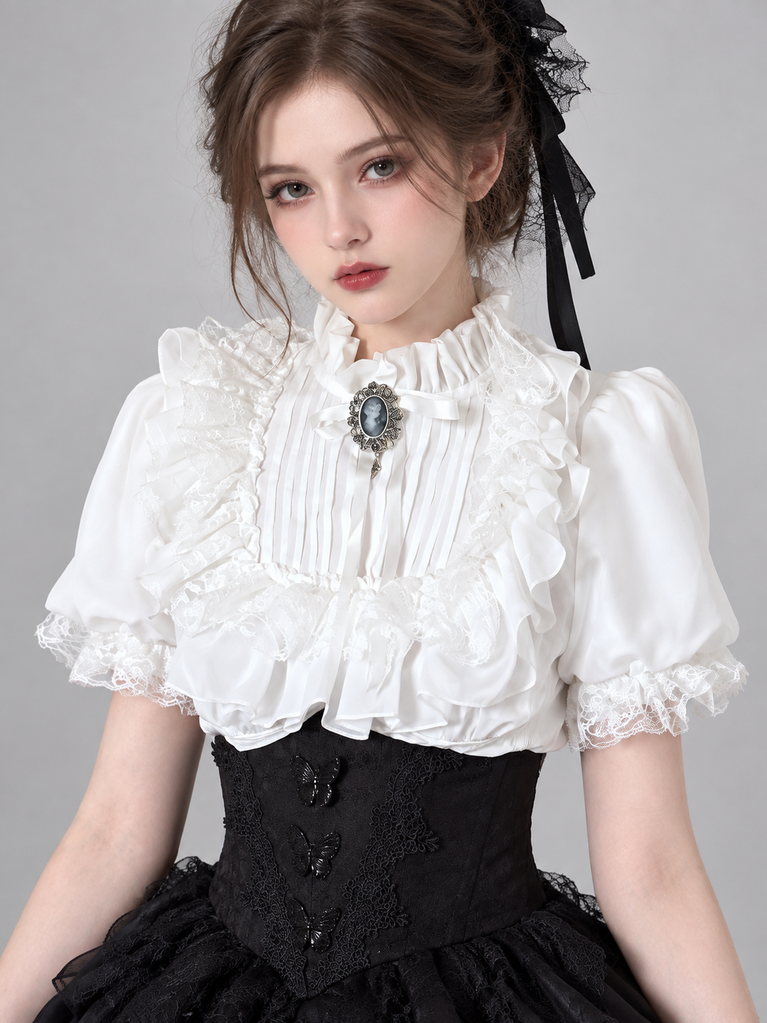 White Lolita-Style Blouse with Jabot and Lace