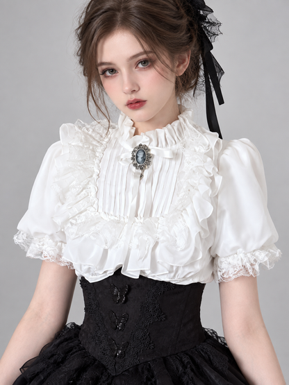 White Lolita-Style Blouse with Jabot and Lace