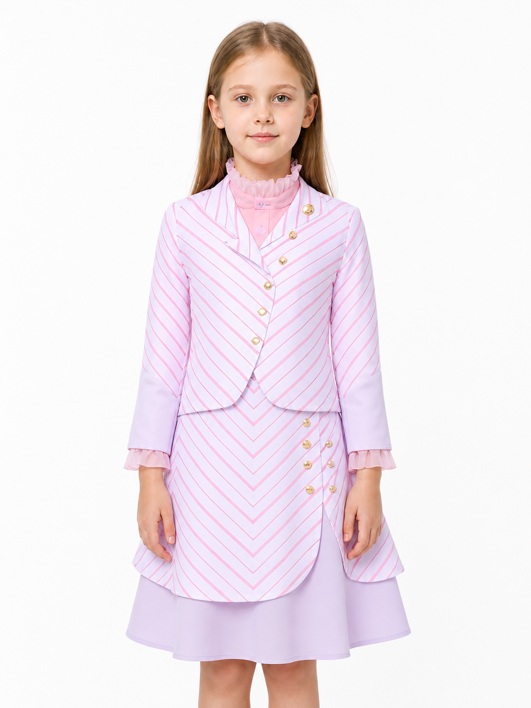 Kids Wicked Glinda Costume Set – 3 Piece Pink Striped Outfit with Gold Buttons upper body view