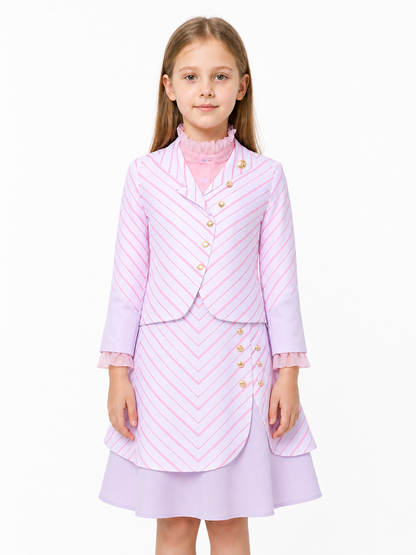 Kids Wicked Glinda Costume Set – 3 Piece Pink Striped Outfit with Gold Buttons upper body view