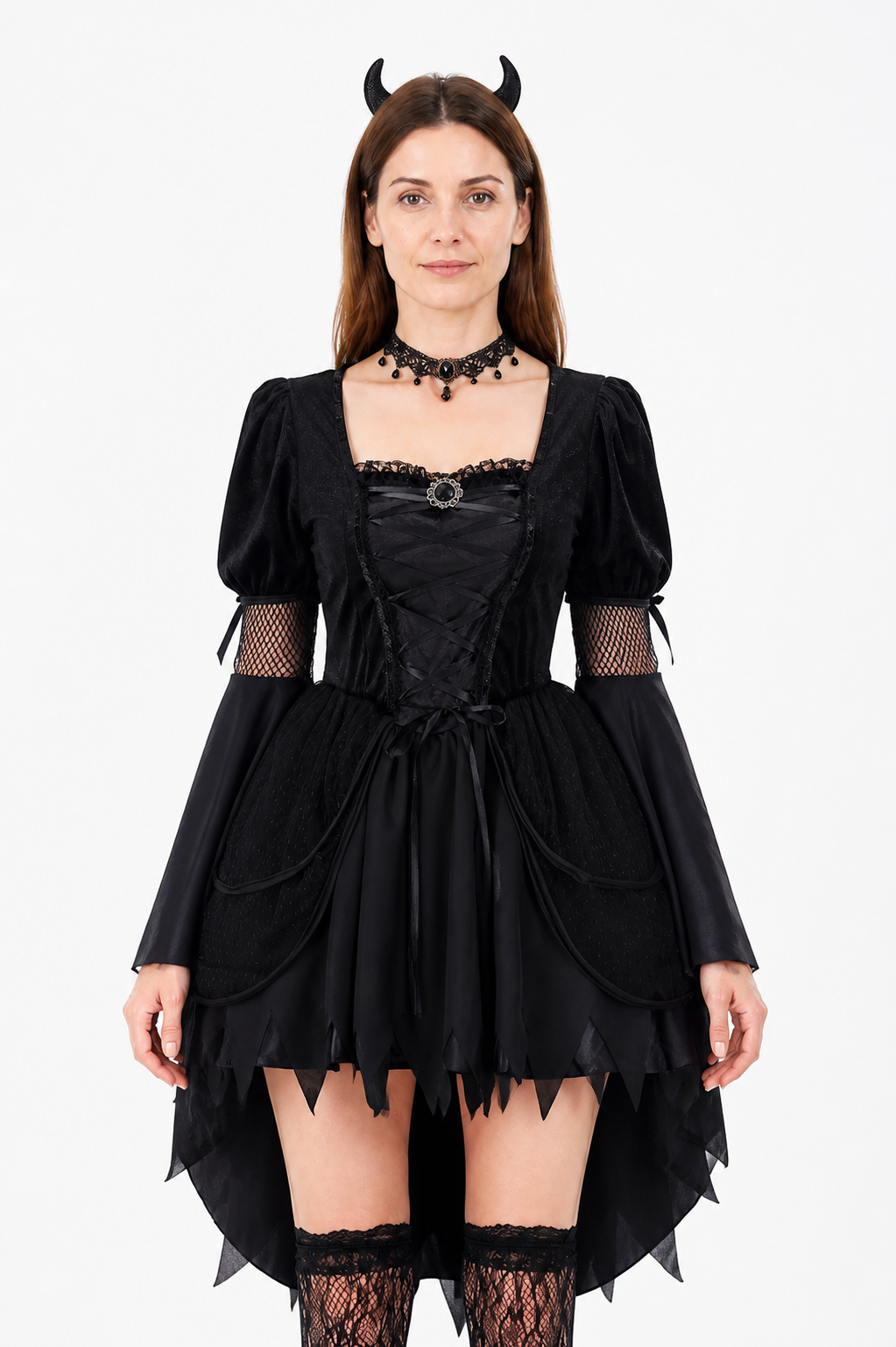 Black Gothic Witch Dress with an Asymmetrical Hem Costume Dresses detail 3