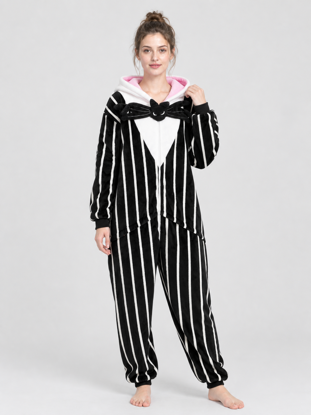 Hooded Jumpsuit Pajama with White Stripes
