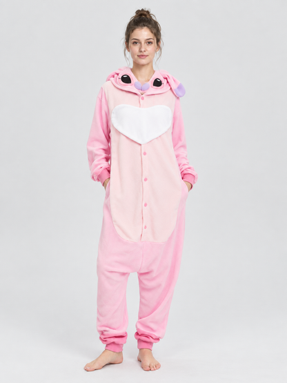 Pink Fleece Pajama Jumpsuit with Hood and Ears