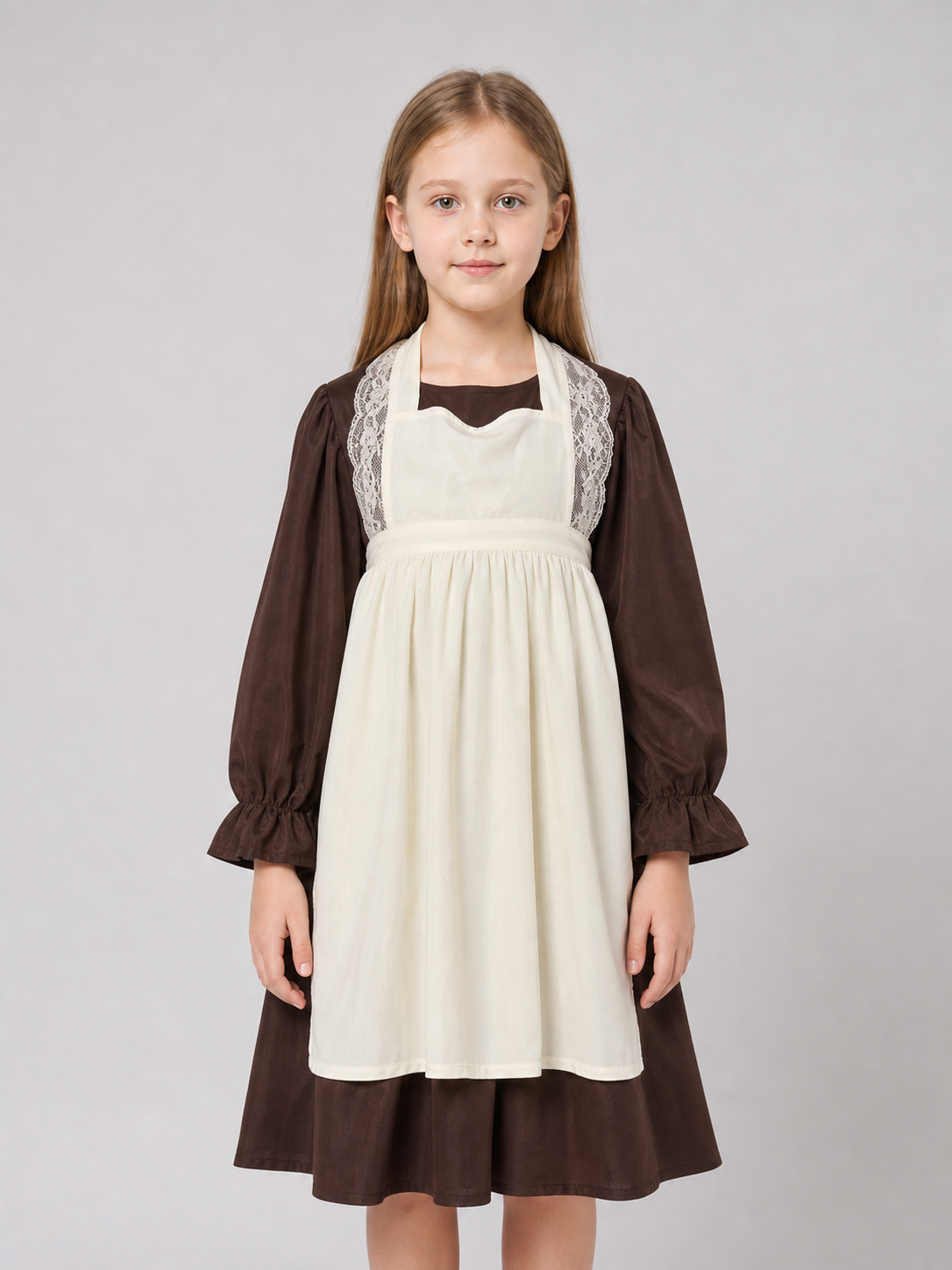 Victorian costume with dress, apron, and bonnet