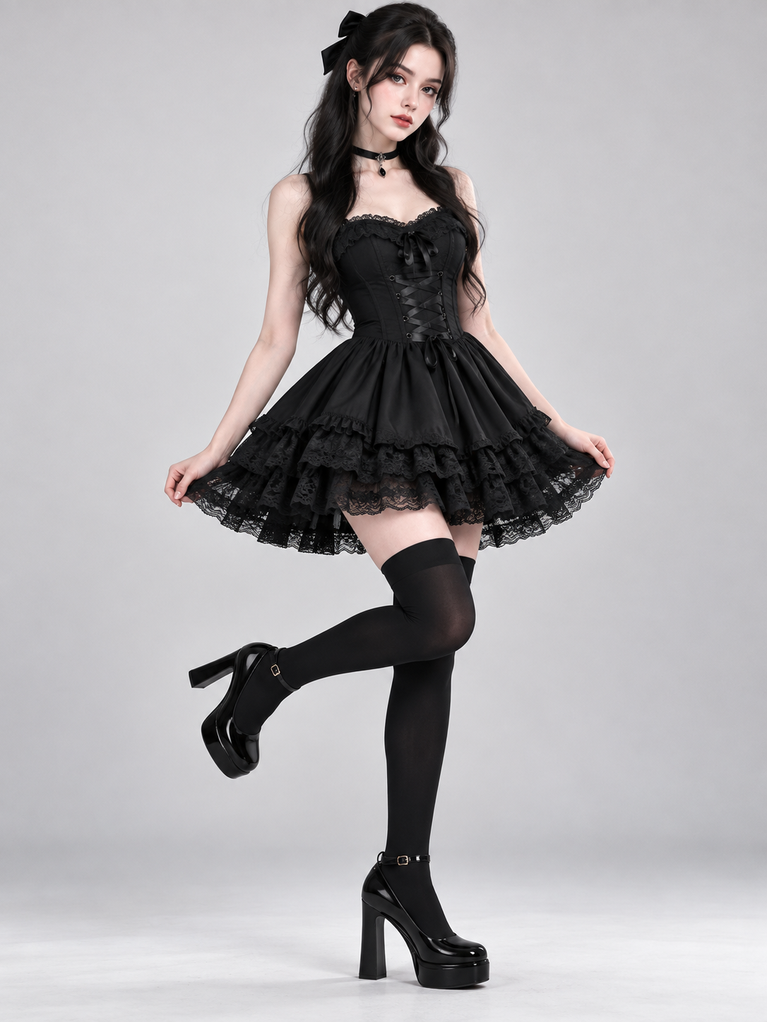 Black Platform Shoes with High Heel and Strap
