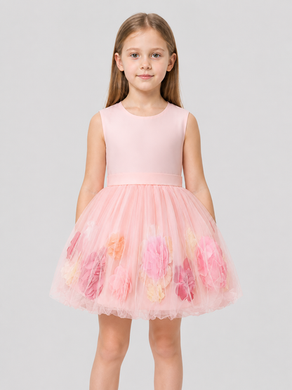 Pink Party Dress with a Full Tulle Skirt and Flowers