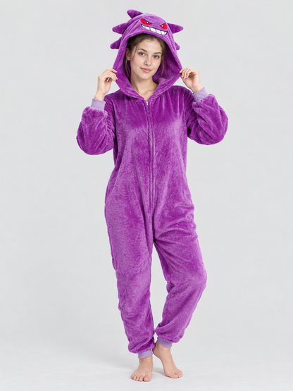 Purple Hooded Jumpsuit Pajamas with Cartoon Face