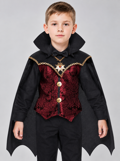 Kids' vampire carnival costume, burgundy vest, cape
