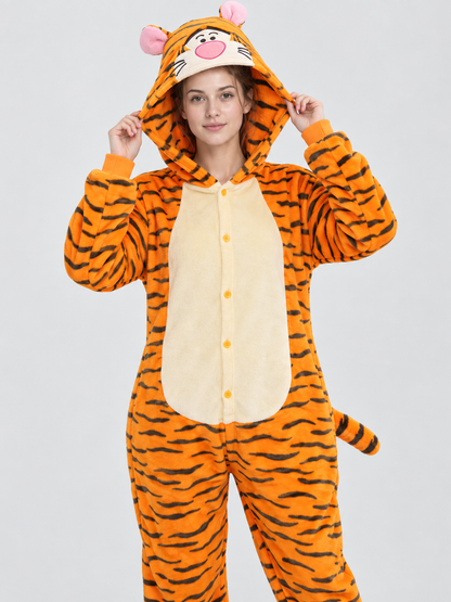 Orange Striped Hooded Pajama Jumpsuit with Ears