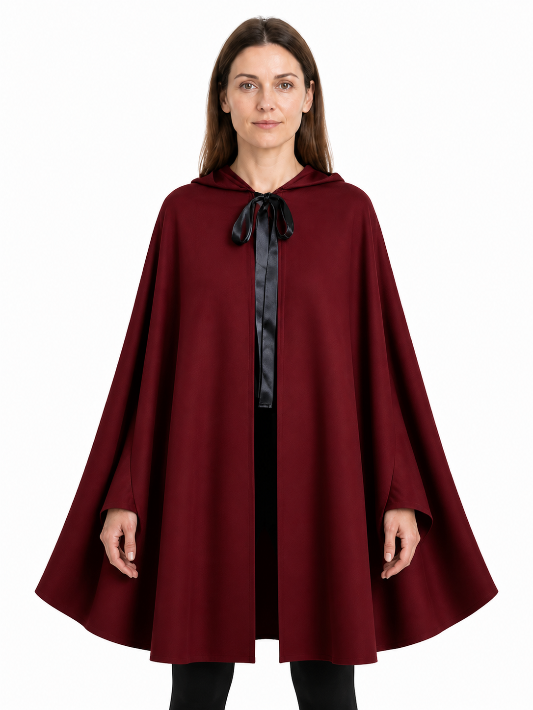 Wine-Colored Hooded Cape with Black Ties for Halloween upper body view