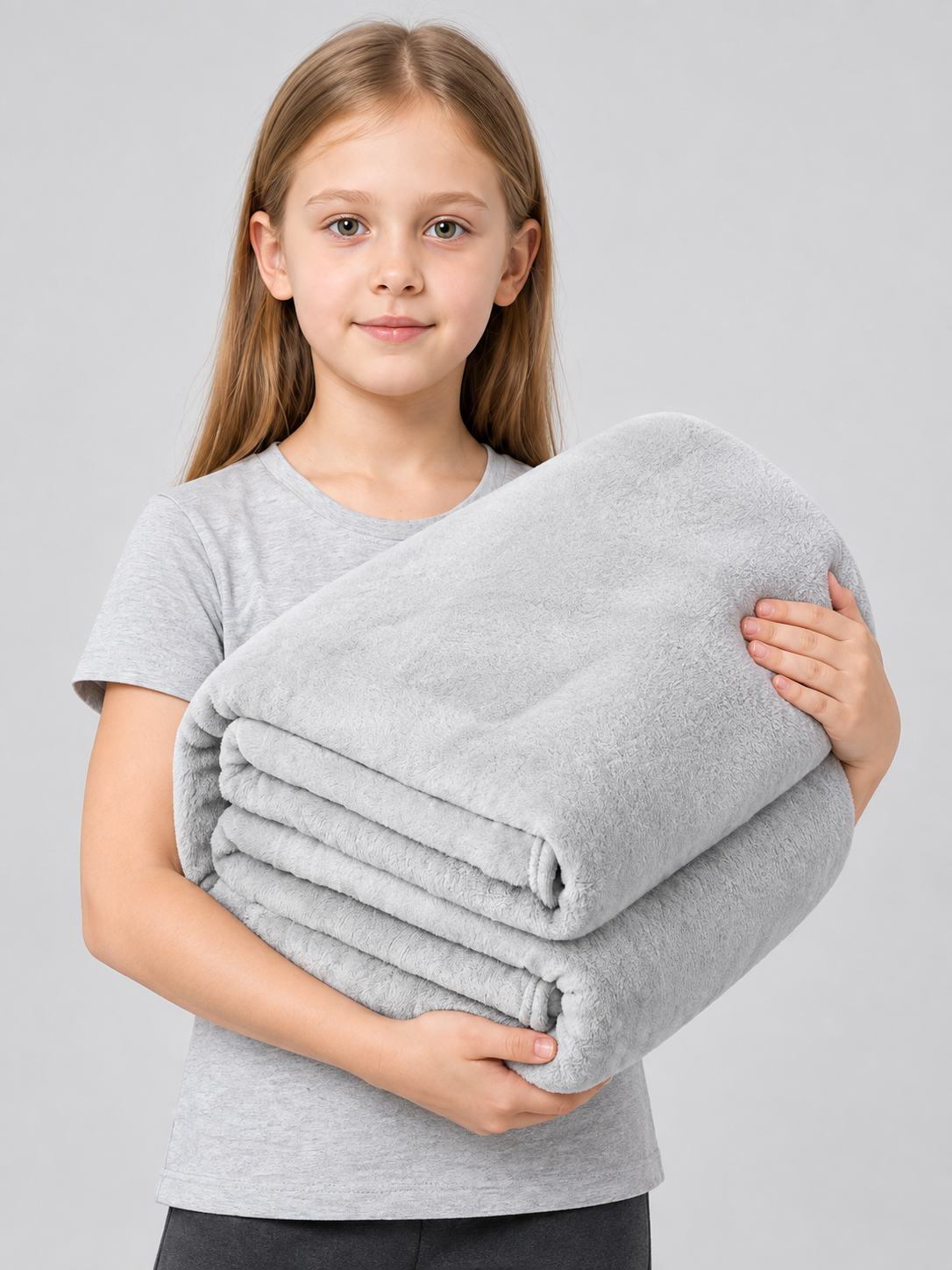 Silver-gray polyester blanket with bound edges