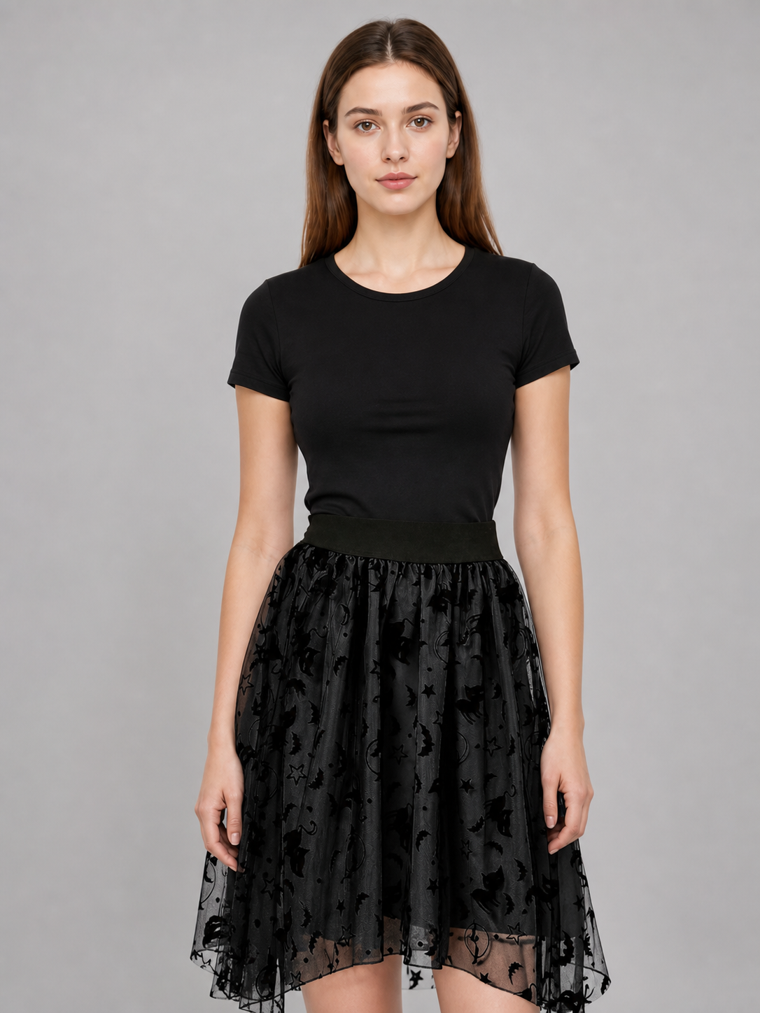 Black mesh midi skirt with bats
