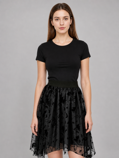 Black mesh midi skirt with bats