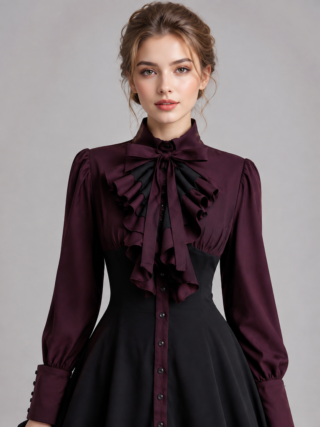 Gothic Dress with Bow, Ruffles, and High Collar Costume Dresses detail 2