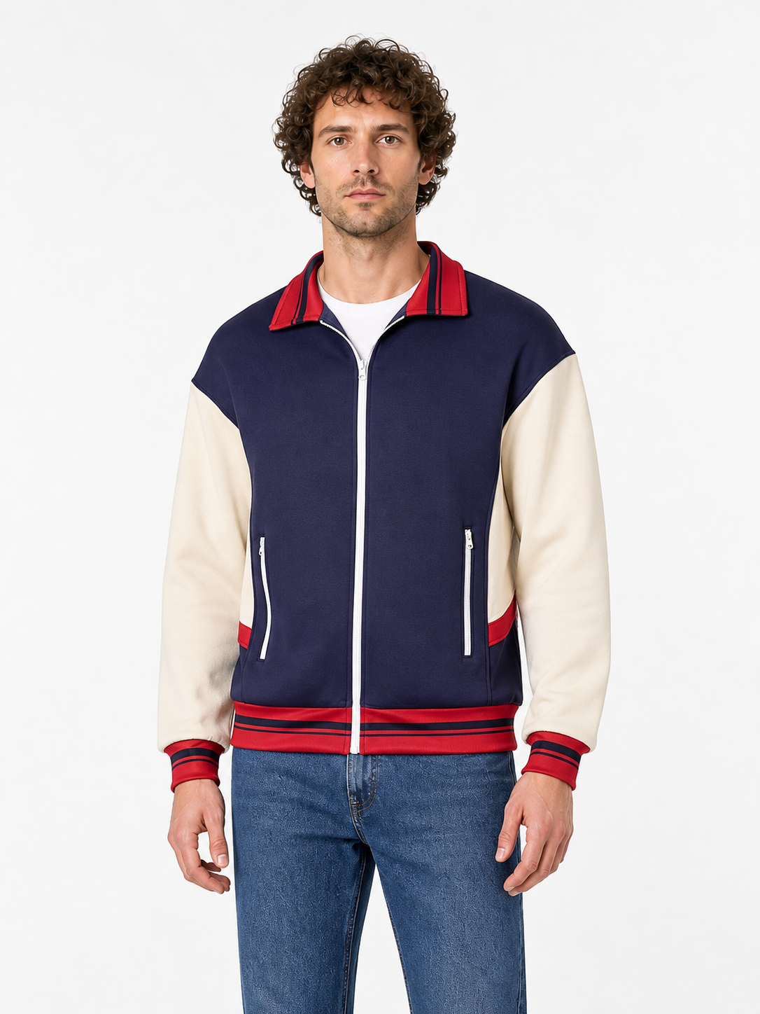 Zip-Up Bomber Jacket with Red Stripes