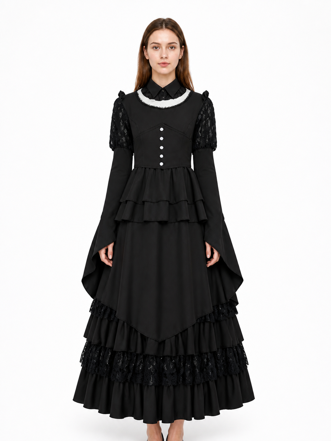 Black Gothic Dress with High Collar Costume Dresses detail 2