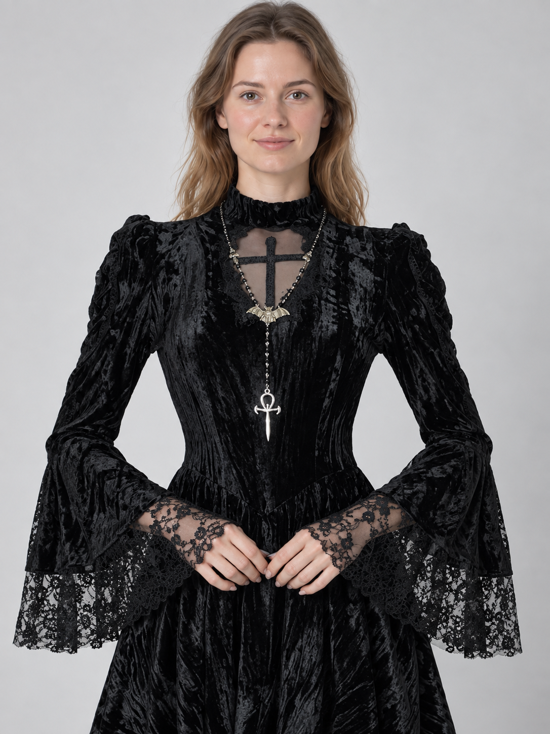 Gothic Black Mini Dress with Long Sleeves and Cross