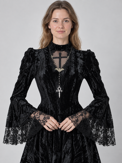 Gothic Black Mini Dress with Long Sleeves and Cross